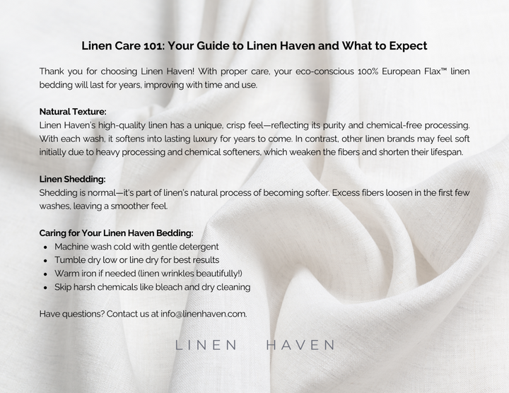 Step-by-step care guide for heavyweight linen bedspreads including washing, drying, and natural softening instructions
